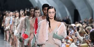 us model bella hadid c and models present creations for fendi during the catwalk show for the women fallwinter 20222023 collection on the second day of the milan fashion week in milan on february 23, 2022 photo by miguel medina  afp photo by miguel medinaafp via getty images
