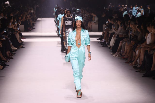 new york, new york   september 09 bella hadid walks the runway during the fendi 25th anniversary celebration of the baguette at new york fashion week at hammerstein ballroom on september 09, 2022 in new york city photo by taylor hillgetty images