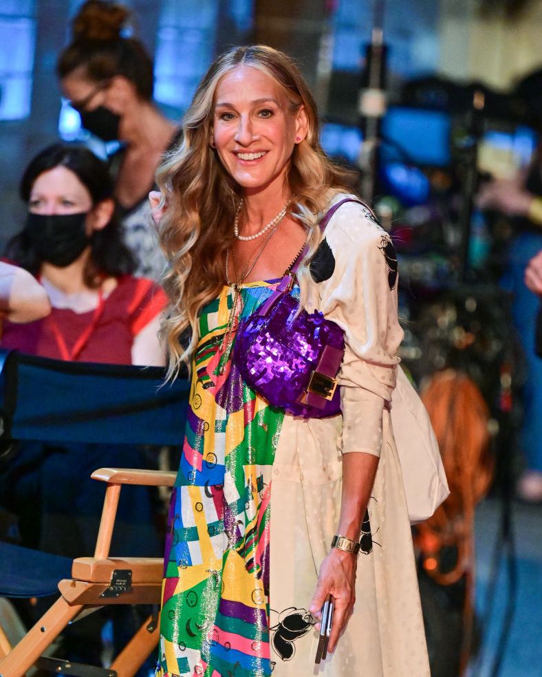 new york, new york   july 17  sarah jessica parker seen on the set of and just like that the follow up series to sex and the city at webster hall on july 17, 2021 in new york city photo by james devaneygc images