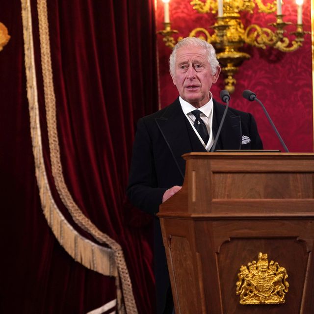 london, england   september 10 king charles iii speaks during his proclamation as king during the accession council on september 10, 2022 in london, united kingdom his majesty the king is proclaimed at the accession council in the state apartments of st jamess palace, london the accession council, attended by privy councillors, is divided into two parts in part i, the privy council, without the king present, proclaims the sovereign and part ii where the king holds the first meeting of his majestys privy council the accession council is followed by the first public reading of the principal proclamation read from the balcony overlooking friary court at st jamess palace the proclamation is read by the garter king of arms, accompanied by the earl marshal, other officers of arms and the serjeants at arms photo by victoria jones   wpa poolgetty images