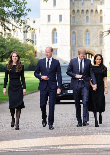 windsor, england   september 10 catherine, princess of wales, prince william, prince of wales, prince harry, duke of sussex, and meghan, duchess of sussex on the long walk at windsor castle on september 10, 2022 in windsor, england crowds have gathered and tributes left at the gates of windsor castle to queen elizabeth ii, who died at balmoral castle on 8 september, 2022 photo by chris jackson   wpa poolgetty images