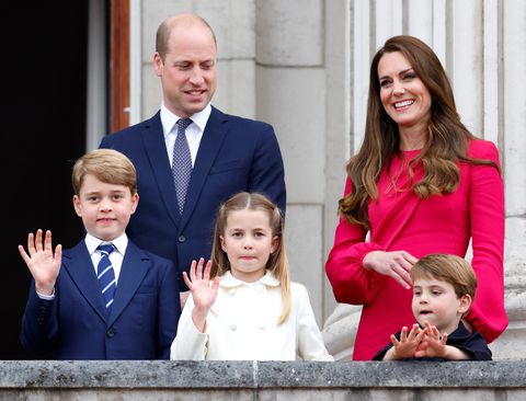 london, united kingdom   june 05 embargoed for publication in uk newspapers until 24 hours after create date and time prince george of cambridge, prince william, duke of cambridge, princess charlotte of cambridge, prince louis of cambridge and catherine, duchess of cambridge stand on the balcony of buckingham palace following the platinum pageant on june 5, 2022 in london, england the platinum jubilee of elizabeth ii is being celebrated from june 2 to june 5, 2022, in the uk and commonwealth to mark the 70th anniversary of the accession of queen elizabeth ii on 6 february 1952 photo by max mumbyindigogetty images