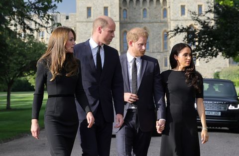 windsor, england   september 10 catherine, princess of wales, prince william, prince of wales, prince harry, duke of sussex, and meghan, duchess of sussex on the long walk at windsor castle on september 10, 2022 in windsor, england crowds have gathered and tributes left at the gates of windsor castle to queen elizabeth ii, who died at balmoral castle on 8 september, 2022 photo by chris jackson   wpa poolgetty images