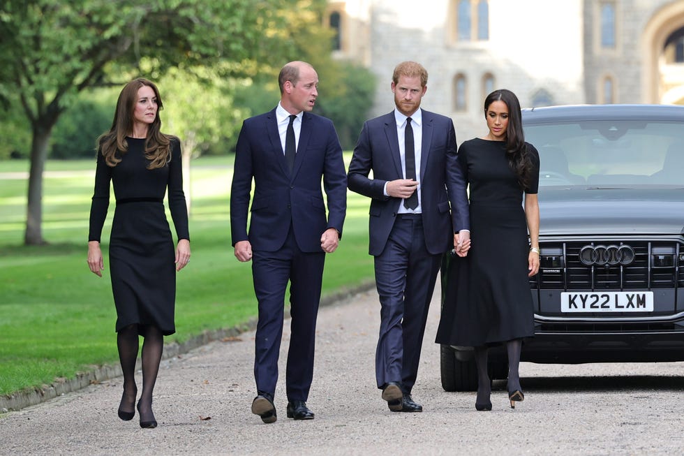 windsor, england   september 10 catherine, princess of wales, prince william, prince of wales, prince harry, duke of sussex, and meghan, duchess of sussex on the long walk at windsor castle on september 10, 2022 in windsor, england crowds have gathered and tributes left at the gates of windsor castle to queen elizabeth ii, who died at balmoral castle on 8 september, 2022 photo by chris jackson   wpa poolgetty images