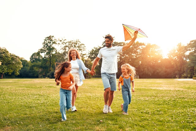happy young family playing with a kite in the park