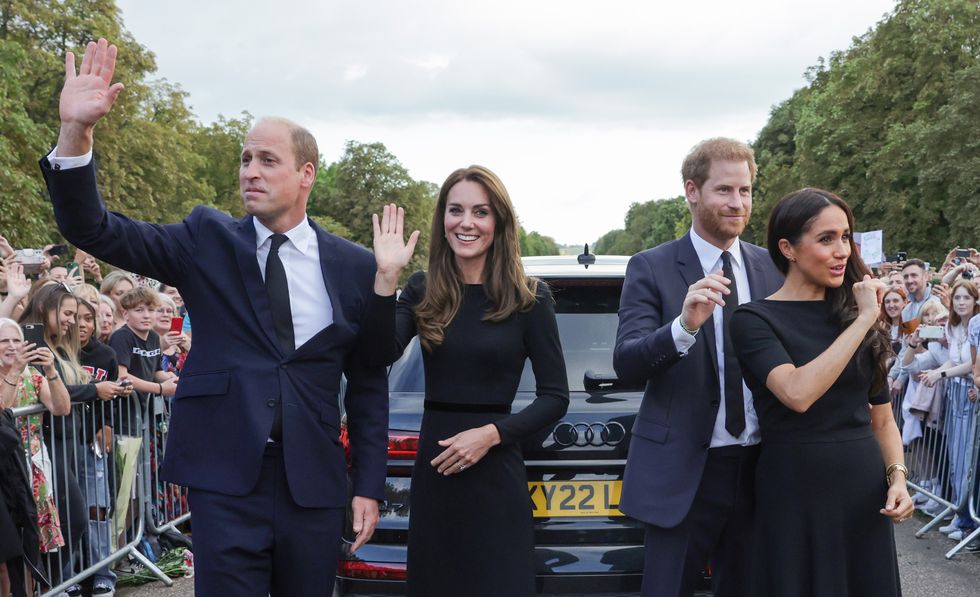 windsor, england   september 10 catherine, princess of wales, prince william, prince of wales, prince harry, duke of sussex, and meghan, duchess of sussex wave to crowd on the long walk at windsor castle on september 10, 2022 in windsor, england crowds have gathered and tributes left at the gates of windsor castle to queen elizabeth ii, who died at balmoral castle on 8 september, 2022 photo by chris jackson   wpa poolgetty images