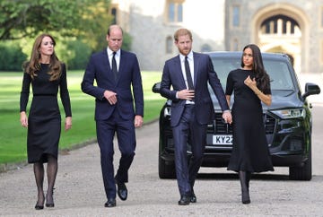 topshot   l r britains catherine, princess of wales, britains prince william, prince of wales, britains prince harry, duke of sussex, and meghan, duchess of sussex on the long walk at windsor castle on september 10, 2022, before meeting well wishers   king charles iii pledged to follow his mothers example of lifelong service in his inaugural address to britain and the commonwealth on friday, after ascending to the throne following the death of queen elizabeth ii on september 8 photo by chris jackson  pool  afp photo by chris jacksonpoolafp via getty images