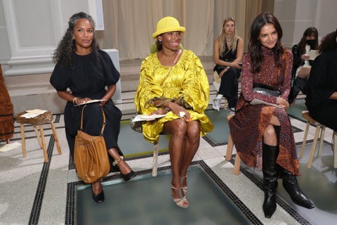 new york, new york   september 11 l r mara akil brock, jodie patterson and katie holmes attend ulla johnson fashion show during september 2022 new york fashion week the shows on september 11, 2022 in new york city photo by rob kimgetty images for nyfw the shows