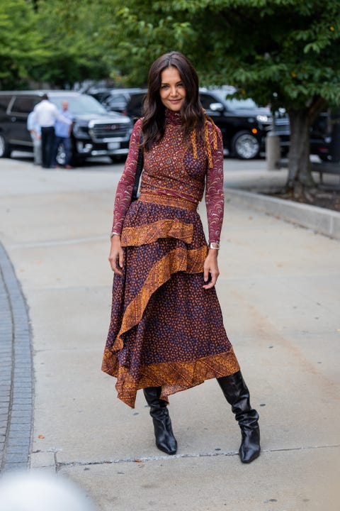 new york, new york   september 11 katie holmes wearing dress, black boots outside ulla johnson on september 11, 2022 in new york city photo by christian vieriggetty images