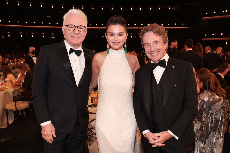 los angeles, california   september 12 74th annual primetime emmy awards    pictured l r steve martin, selena gomez, martin short attend the 74th annual primetime emmy awards held at the microsoft theater on september 12, 2022    photo by christopher polknbc via getty images
