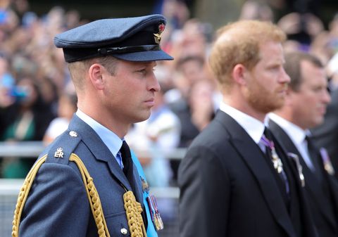 london, england   september 14 prince william, prince of wales and prince harry, duke of sussex walk behind the coffin during the procession for the lying in state of queen elizabeth ii on september 14, 2022 in london, england queen elizabeth iis coffin is taken in procession on a gun carriage of the kings troop royal horse artillery from buckingham palace to westminster hall where she will lay in state until the early morning of her funeral queen elizabeth ii died at balmoral castle in scotland on september 8, 2022, and is succeeded by her eldest son, king charles iii  photo by chris jacksongetty images