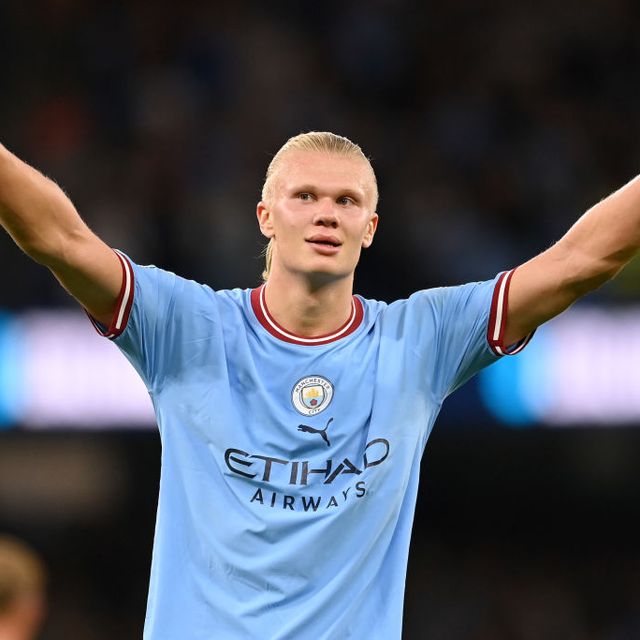 manchester, england   august 31 erling haaland of manchester city celebrates after scoring their teams third goal and their hat trick during the premier league match between manchester city and nottingham forest at etihad stadium on august 31, 2022 in manchester, england photo by michael regangetty images