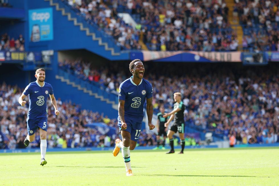 london, england   august 27 raheem sterling of chelsea celebrates after scoring their teams first goal during the premier league match between chelsea fc and leicester city at stamford bridge on august 27, 2022 in london, england photo by chris lee   chelsea fcchelsea fc via getty images