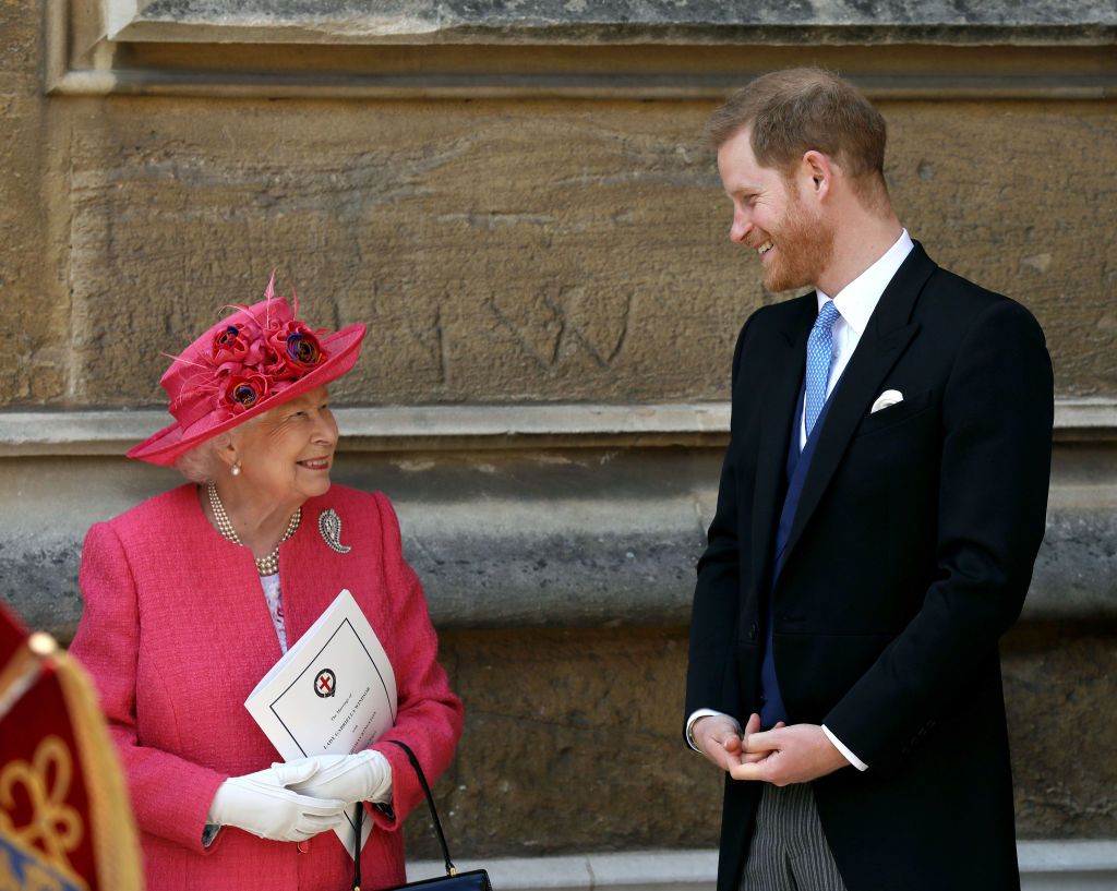 windsor, england   may 18 queen elizabeth ii speaks with prince harry, duke of sussex as they leave after the wedding of lady gabriella windsor to thomas kingston at st georges chapel, windsor castle on may 18, 2019 in windsor, england photo by steve parsons   wpa poolgetty images