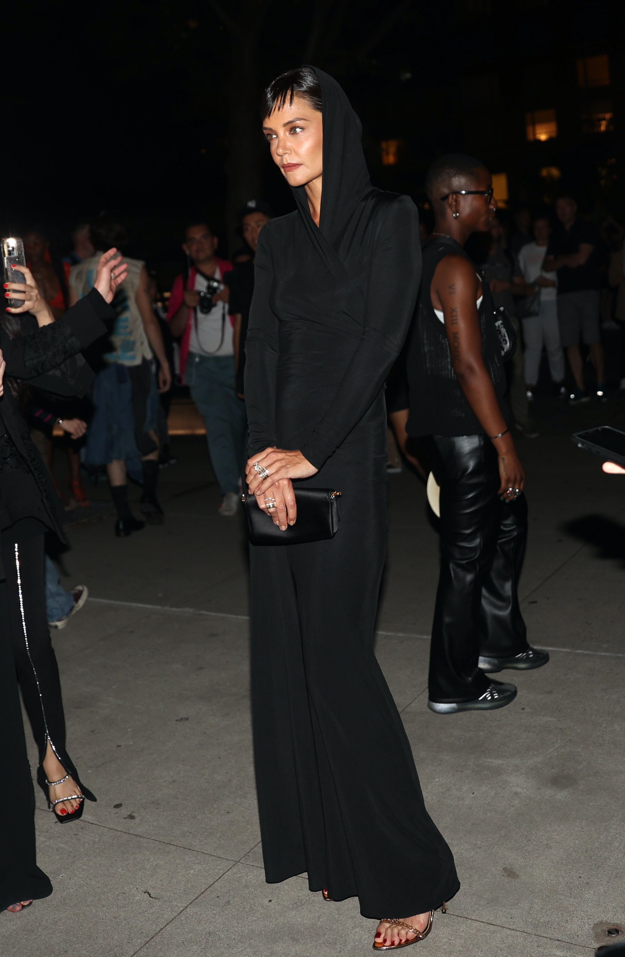 Katie Holmes Looked So Edgy in a Black Hooded Gown During NYFW