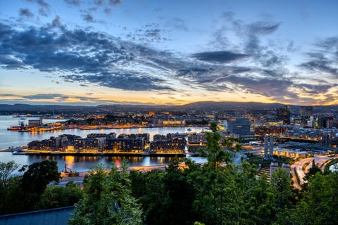 the lights of oslo in norway after sunset