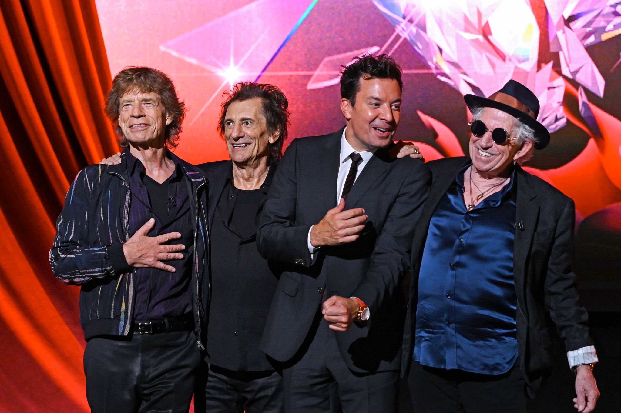london, england september 06 mick jagger, ronnie wood, jimmy fallon and keith richards pose for photographs during the rolling stones hackney diamonds press conference at hackney empire on september 06, 2023 in london, england photo by stuart c wilsongetty images