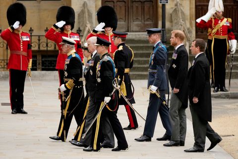 london, england   september 19 king charles iii, anne, princess royal, prince andrew, duke of york, prince edward, earl of wessex, prince william, prince of wales, prince harry, duke of sussex and peter phillips arrive at westminster abbey for the state funeral of queen elizabeth ii on september 19, 2022 in london, england elizabeth alexandra mary windsor was born in bruton street, mayfair, london on 21 april 1926 she married prince philip in 1947 and ascended the throne of the united kingdom and commonwealth on 6 february 1952 after the death of her father, king george vi queen elizabeth ii died at balmoral castle in scotland on september 8, 2022, and is succeeded by her eldest son, king charles iii  photo by christopher furlonggetty images