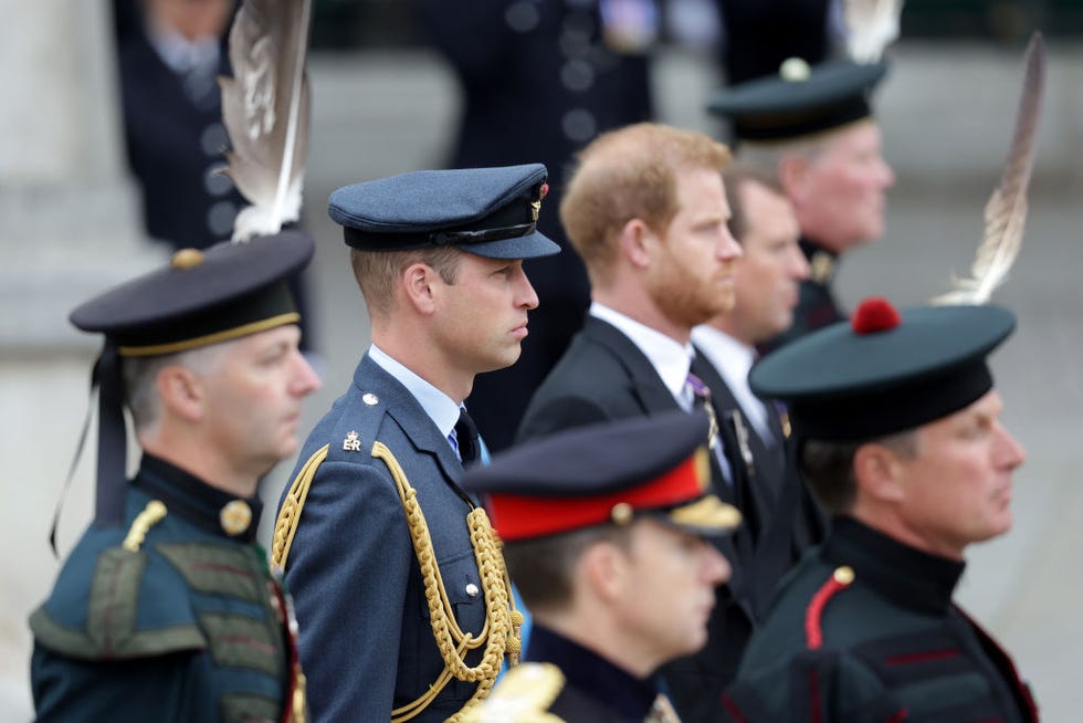 london, england   september 19 prince william, prince of wales, prince harry, duke of sussex and peter phillips arrive at westminster abbey for the state funeral of queen elizabeth ii on september 19, 2022 in london, england elizabeth alexandra mary windsor was born in bruton street, mayfair, london on 21 april 1926 she married prince philip in 1947 and ascended the throne of the united kingdom and commonwealth on 6 february 1952 after the death of her father, king george vi queen elizabeth ii died at balmoral castle in scotland on september 8, 2022, and is succeeded by her eldest son, king charles iii  photo by chris jacksongetty images