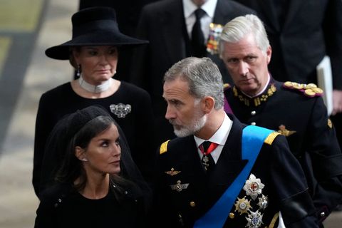 london, england   september 19 spains king felipe vi and queen letizia and belgiums king philippe and queen mathilde follow the coffin of queen elizabeth ii as it is carried out of westminster abbey after the state funeral on september 19, 2022 in london, england elizabeth alexandra mary windsor was born in bruton street, mayfair, london on 21 april 1926 she married prince philip in 1947 and ascended the throne of the united kingdom and commonwealth on 6 february 1952 after the death of her father, king george vi queen elizabeth ii died at balmoral castle in scotland on september 8, 2022, and is succeeded by her eldest son, king charles iii photo by frank augstein   wpa poolgetty images