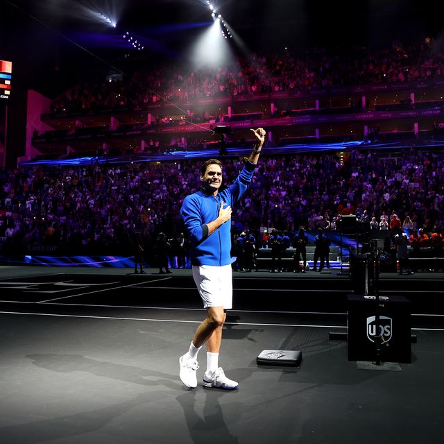 london, england   september 23 roger federer of team europe acknowledges the fans following their final match during day one of the laver cup at the o2 arena on september 23, 2022 in london, england photo by julian finneygetty images for laver cup