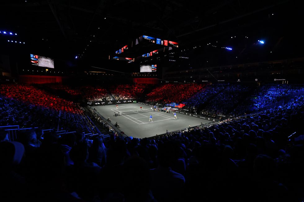london, england   september 23 a general view during the doubles match between jack sock and frances tiafoe of team world and roger federer and rafael nadal of team europe during day one of the laver cup at the o2 arena on september 23, 2022 in london, england photo by luke walkergetty images for laver cup