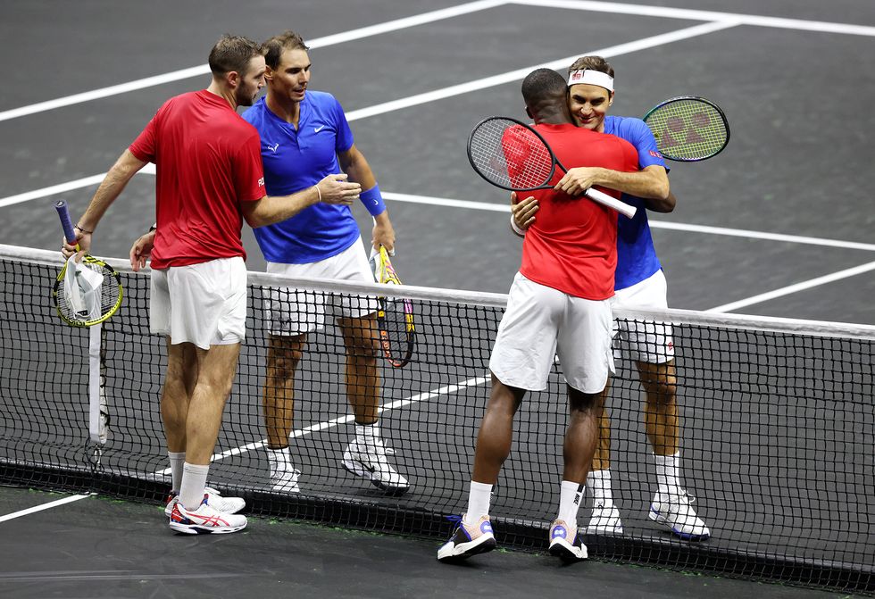 london, england   september 23 frances tiafoe and jack sock of team world embrace roger federer and rafael nadal of team europe after their doubles match during day one of the laver cup at the o2 arena on september 23, 2022 in london, england photo by luke walkergetty images for laver cup