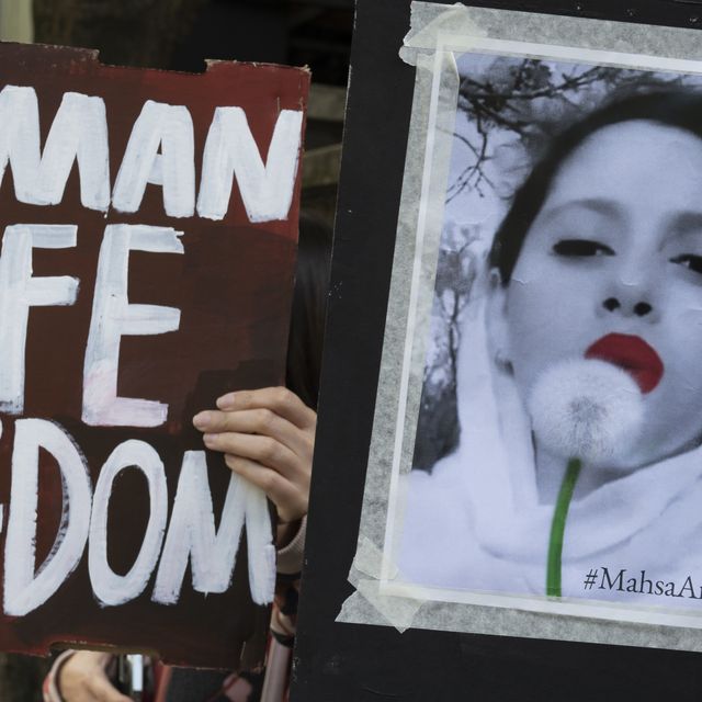 people demonstrate opposite the embassy of iran in kensington to protest the death of mahsa amini, the 22 year old woman killed in iran after being arrested for breaking hijab laws on september 24th 2022 in london, united kingdom photo by jenny matthewsin pictures via getty images
