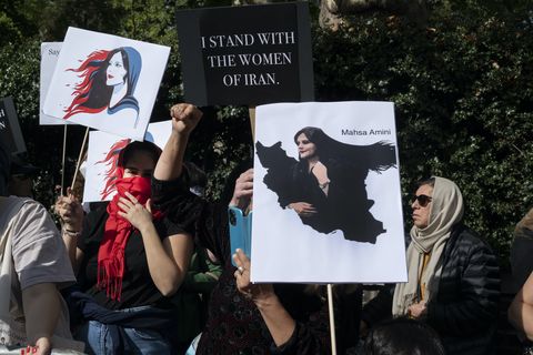 People demonstrate opposite the Iranian Embassy in Kensington to protest the death of Mahsa Amini, the 22-year-old woman who was killed in Iran after being arrested for breaking hijab laws, in London, Britain, September 24, 2022 had been arrested