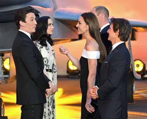london, england   may 19 l r miles teller, jennifer connelly, prince william, duke of cambridge, catherine, duchess of cambridge attend the royal performance of top gun maverick at leicester square on may 19, 2022 in london, england photo by karwai tangwireimage