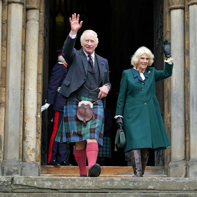 dunfermline, scotland   october 03 king charles iii and camilla, queen consort waves as they leave dunfermline abbey, after a visit to mark its 950th anniversary, and after attending a meeting at the city chambers in dunfermline where the king formally marked the conferral of city status on the former town on october 3, 2022 in dunfermline, scotland  photo by  andrew milligan   poolgetty images