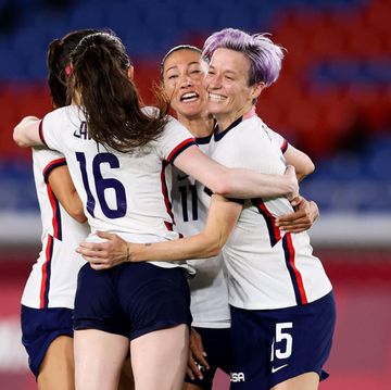 yokohama, japan   july 30 rapinoe megan 15 of united states celebrates the victory after penalty shot out of the womens quarter final match between netherlands and united states on day seven of the tokyo 2020 olympic games at international stadium yokohama on july 30, 2021 in yokohama, kanagawa, japan photo by zhizhao wugetty images