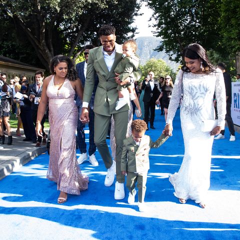 burbank, california   june 22 l r mariah riddlesprigger, giannis antetokounmpo, their sons and veronica antetokounmpo arrive at the disney "rise" los angeles premiere at walt disney studios main theater on june 22, 2022 in burbank, california photo by cassy athenagetty images