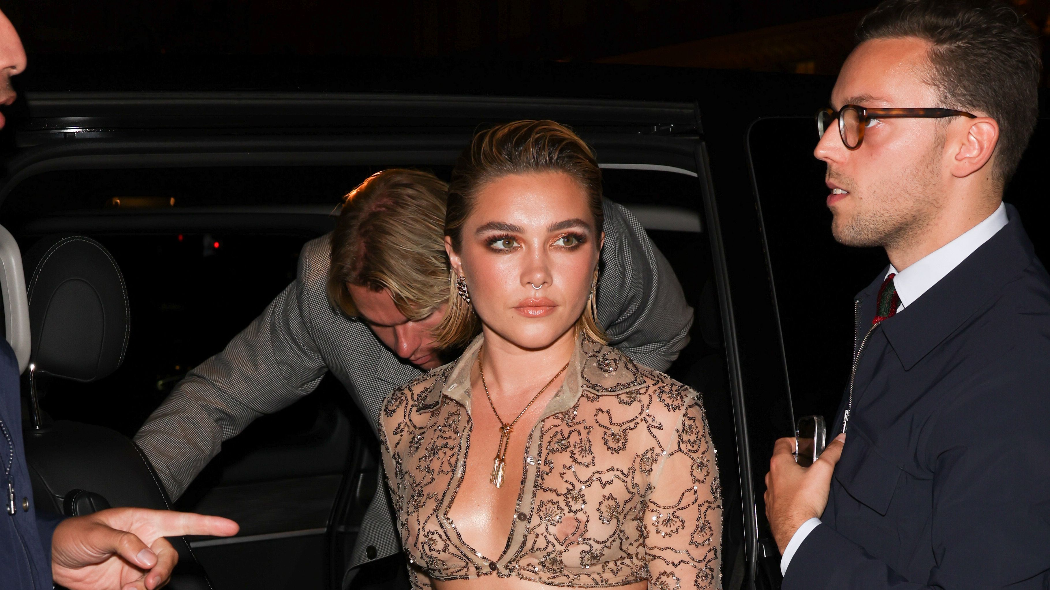 Florence Pugh Forgoes Bra in Sheer Nude Valentino Crop Top and Skirt