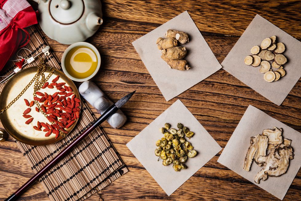 variety of traditional chinese medicine on the wooden desk