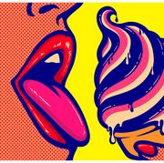 pop art comics style sexy open mouth of woman eating ice cream cone with tongue out licking tasty delicious sweet treats vector illustration