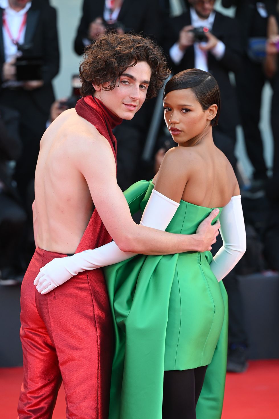 venice, italy   september 02 timothee chalamet and taylor russell attend the bones and all red carpet at the 79th venice international film festival on september 02, 2022 in venice, italy photo by stephane cardinale   corbiscorbis via getty images