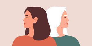 generation gap concept a young woman and mature female look away from each other during conflict or disagreement women have their backs on one another vector illustration