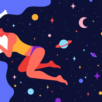 modern flat character woman with dream universe simple character of woman sleeping in bed with universe starry night in hair woman character in dream concept in flat graphic vector illustration