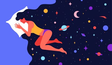 modern flat character woman with dream universe simple character of woman sleeping in bed with universe starry night in hair woman character in dream concept in flat graphic vector illustration