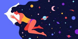 modern flat character woman with dream universe simple character of woman sleeping in bed with universe starry night in hair woman character in dream concept in flat graphic vector illustration