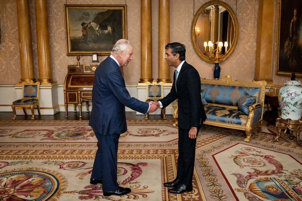 london, england   october 25 king charles iii welcomes rishi sunak during an audience at buckingham palace, where he invited the newly elected leader of the conservative party to become prime minister and form a new government on october 25, 2022 in london, england rishi sunak will take office as the uks 57th prime minister today after he was appointed as conservative leader yesterday he was the only candidate to garner 100 plus votes from conservative mps in the contest for the top job he said his aim was to unite his party and the country photo by aaron chown   wpa poolgetty images