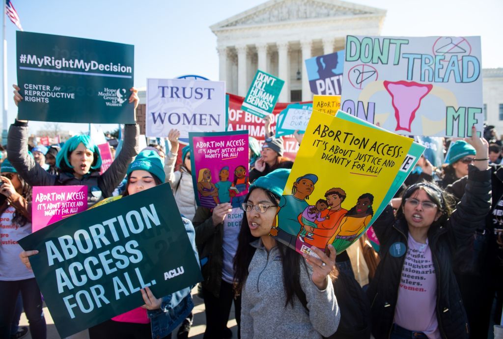pro choice activists supporting legal access to abortion protest during a demonstration outside the us supreme court in washington, dc, march 4, 2020, as the court hears oral arguments regarding a louisiana law about abortion access in the first major abortion case in years   the united states supreme court on wednesday will hear what may be its most significant case in decades on the controversial subject of abortion at issue is a state law in louisiana which requires doctors who perform abortions to have admitting privileges at a nearby hospital photo by saul loeb  afp photo by saul loebafp via getty images