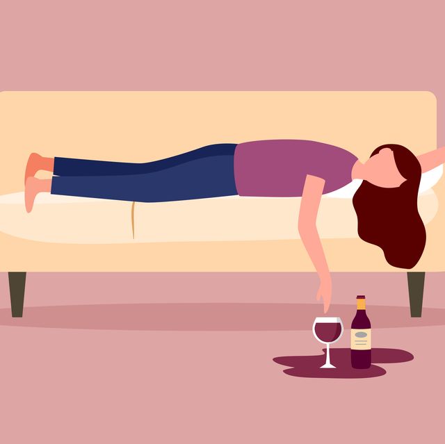 drunk woman sleeping on sofa with wine glass and alcohol bottle on the floor in flat design alcoholic character alcohol addiction