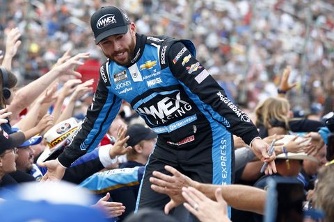 fort worth, texas   may 22 ross chastain, driver of the 1 worldwide express chevrolet, greets nascar fans during driver intros prior to the nascar cup series all star race at texas motor speedway on may 22, 2022 in fort worth, texas photo by jared c tiltongetty images
