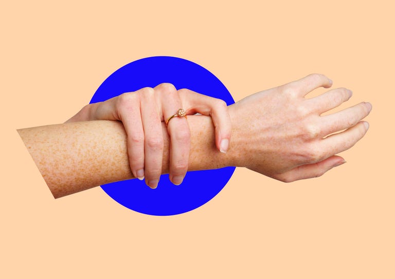 collage of hand supporting sore wrist against cream background