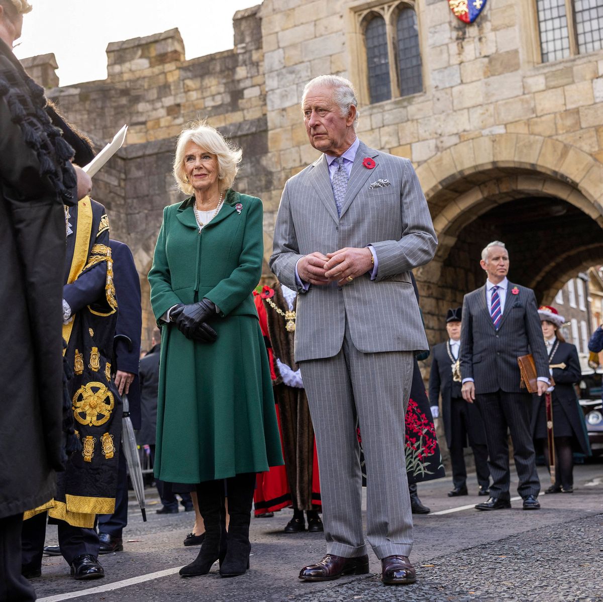 britains king charles iii and britains camilla, queen consort are welcomed to the city of york during a ceremony at micklegate bar during their visit to york, northern england on november 9, 2022 as part of a two day tour of yorkshire   micklegate bar is considered to be the most important of yorks gateways and has acted as the focus for various important events it is the place the sovereign traditionally arrives when entering the city photo by james glossop  pool  afp photo by james glossoppoolafp via getty images