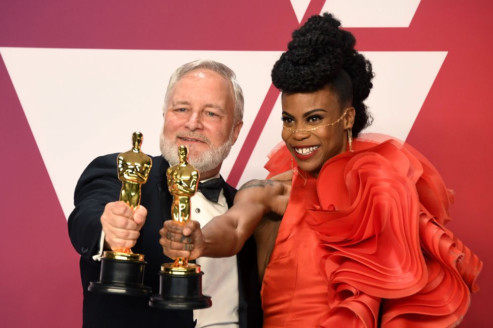 hollywood, california   february 24 l r jay hart and hannah beachler, winners of best production design for black panther, pose in the press room during the 91st annual academy awards at hollywood and highland on february 24, 2019 in hollywood, california photo by frazer harrisongetty images