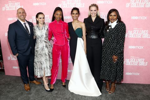los angeles, california   november 10  justin noble, pauline chalamet, alyah chanelle scott, amrit kaur, reneé rapp, and mindy kaling attend the los angeles premiere of hbo maxs the sex lives of college girls at hammer museum on november 10, 2021 in los angeles, california photo by tommaso boddigetty images