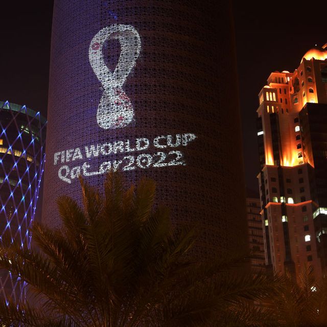 doha, qatar   september 03 the official emblem of the fifa world cup qatar 2022™️ is unveiled on the burj doha on september 03, 2019 in doha, qatar the fifa world cup qatar 2022™️ official emblem was projected on to a number of iconic buildings in qatar and across the arab world and displayed on outdoor digital billboards in more than a dozen renowned public spaces major cities photo by christopher pikegetty images for supreme committee 2022